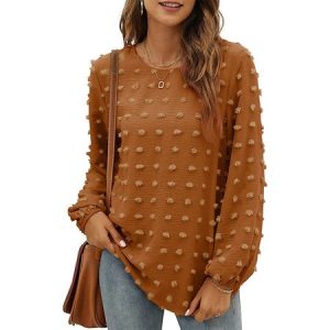 Crew Neck Long Sleeve Plain Regular Loose Blouse For Women, Blouses, color:Khaki|size:XXL, catalog Noracora shop