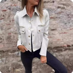 Women's Spring/Fall Outerwear Casual Zipper Plain Long Sleeve Shirt Collar Jacket, JustFashionNow Jackets, color:White|size:5XL,