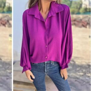 Shirt Collar Long Sleeve Plain Regular Loose Shirt For Women, Shirts, color:Purple|size:5XL, catalog Noracora shop