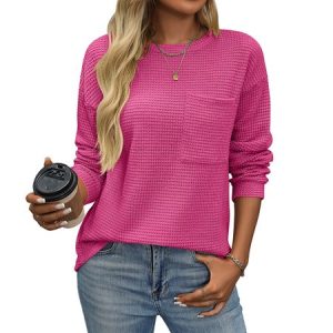 Women's Long Sleeve Blouse Spring/Fall Plain Pocket Stitching Crew Neck Daily Going Out Casual Top, JustFashionNow Shirts & Blouses, color:Deep Pink|size:XXL,