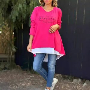 Women's Long Sleeve Blouse Spring/Fall Text Letters Asymmetrical Daily Going Out Casual Top, JustFashionNow Shirts & Blouses, color:Deep Pink|size:XXL,
