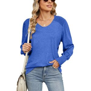 Women's Long Sleeve Tee T-shirt Spring/Fall Plain V Neck Daily Going Out Casual Top, JustFashionNow T-Shirts, color:Blue|size:XXL,