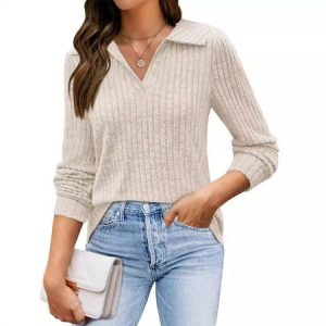 Shirt Collar Long Sleeve Plain Regular Medium Elasticity Regular Fit Blouse For Women, Blouses, color:Apricot|size:XXL, catalog Noracora shop