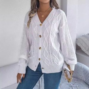 Women's Casual Spring/Fall Plain Wool/Knitting Buckle Cardigan, JustFashionNow Sweaters, color:White|size:XL,