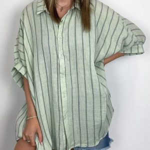 Women's Half Sleeve Shirt Summer Striped Shirt Collar Daily Going Out Casual Top, JustFashionNow Blouses, color:Green|size:XXL,