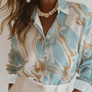 Women's Long Sleeve Shirt Spring/Fall Gradient Pattern Printing Shirt Collar Daily Going Out Casual Top, JustFashionNow Shirts & Blouses, color:Light Blue|size:XXL,