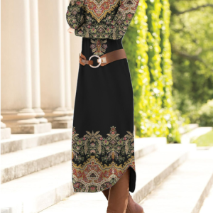 Women Ethnic Crew Neck Long Sleeve Comfy Casual Maxi Dress, Midi, color:Black|size:XXL, catalog Noracora shop