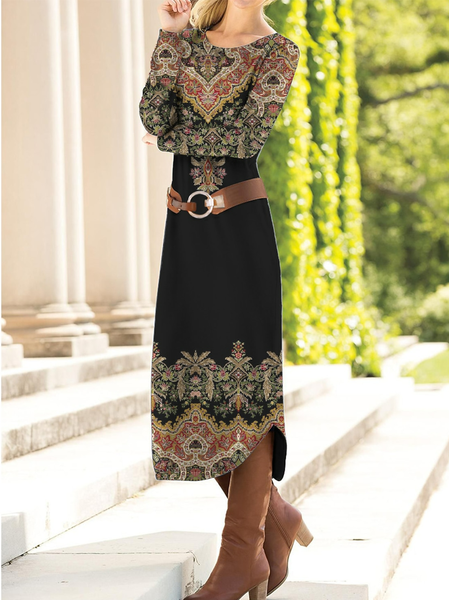 Women's Long Sleeve Spring/Fall Ethnic Dress Crew Neck Daily Going Out Casual Maxi H-Line T-Shirt Dress, JustFashionNow Dresses, color:Black|size:XXL,