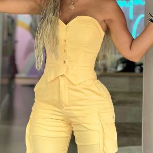 Bandeau Buttoned Top & Pocket Design Shorts Set, Two-piece Sets, ChicMe catalog