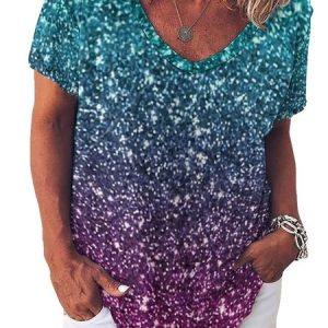 Loosen Ombre V Neck Short sleeve tops, T-shirts, Lilicloth.com