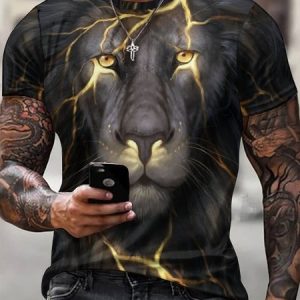 Men Abstract Art Lions Loose Casual Crew Neck T-Shirt, T-shirts, Lilicloth.com