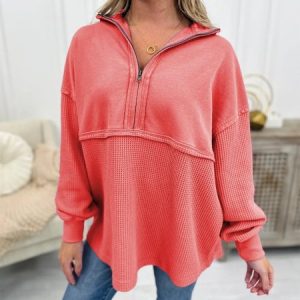 Women's Shawl Collar Plain Zipper Casual Spring/Fall Long Sleeve Sweatshirt, JustFashionNow Sweatshirts & Hoodies, color:Watermelon|size:XXL,