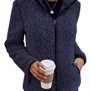 Women's Winter Outerwear Fluff/Granular Fleece Fabric Casual Zipper Plain Long Sleeve Stand Collar Fleece Coat, JustFashionNow Jackets, color:Navyblue|size:XXL,