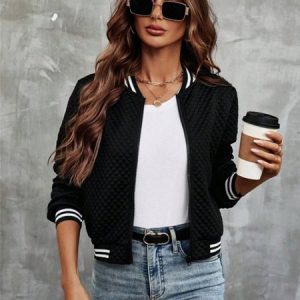 Women's Plain Letterman Jacket Zipper Regular Loose Jacket, Jackets, color:Black|size:XXL, catalog Noracora shop