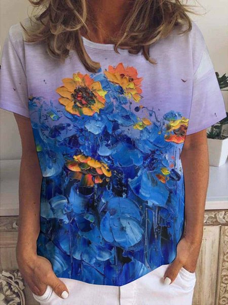 Sunflower Oil Painting Abstract Print Short Sleeve T-Shirt, T-shirts, Lilicloth.com