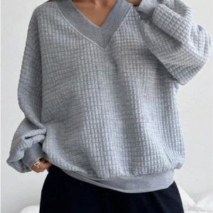 Women's V Neck Plain Casual Spring/Fall Long Sleeve Sweatshirt, JustFashionNow Sweatshirts & Hoodies, color:Gray|size:XXL,