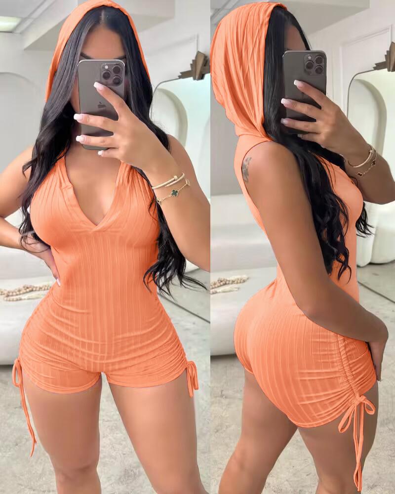 Side Drawstring Slim Fit Sleeveless Hooded Romper, women Rompers, ChicMe catalog - Image 4