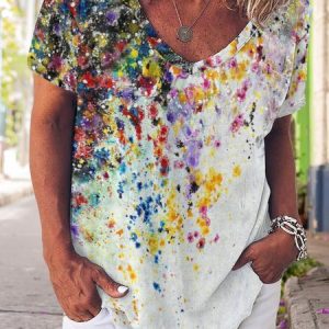 Abstract Gradient Print V-Neck Short Sleeve T-Shirt, T-shirts, Lilicloth.com