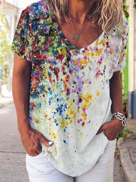 Abstract Gradient Print V-Neck Short Sleeve T-Shirt, T-shirts, Lilicloth.com
