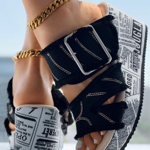 Newspaper Buckled Denim Wedge Slippers, Wedges Shoes, ChicMe catalog