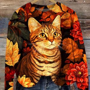 Cat Crew Neck Loose Maple Leaf Casual Sweater, Sweaters, Lilicloth.com