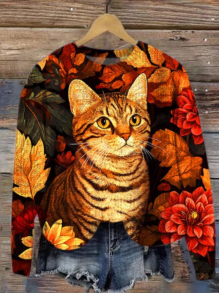 Cat Crew Neck Loose Maple Leaf Casual Sweater, Sweaters, Lilicloth.com