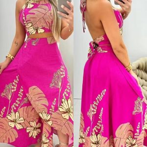 2PCS/Set Palm Leaf Floral Print Backless Top & Slit Skirt, women Maxi Dresses, ChicMe catalog