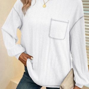 Women's Long Sleeve Tee T-shirt Spring/Fall Plain Pocket Stitching Jersey Crew Neck Daily Going Out Casual Top, JustFashionNow T-Shirts, color:White|size:XXL,