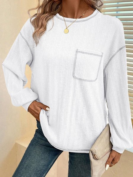 Women's Long Sleeve Tee T-shirt Spring/Fall Plain Pocket Stitching Jersey Crew Neck Daily Going Out Casual Top, JustFashionNow T-Shirts, color:White|size:XXL,