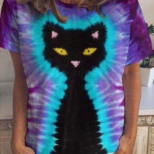 Womens Cat Lover Tie Dye Print Casual T-Shirt, T-shirts, Lilicloth.com