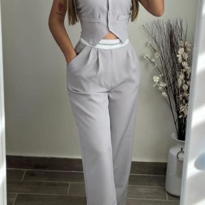 V-Neck Buttoned Vest Top & Pocket Design Pants Set, women Two-piece Sets, ChicMe catalog