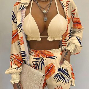 3PCS Tropical Print Lantern Sleeve Shirt & Shorts Set With Crop Top, Two-piece Sets, ChicMe catalog