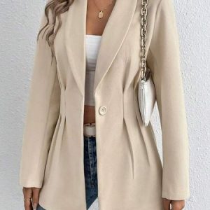 Women's Spring/Fall Outerwear Casual Plain Long Sleeve Lapel Collar Mid-long Blazer, JustFashionNow Blazers, color:Apricot|size:XXL,