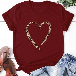 Leopard Heart Print Short Sleeve T-Shirt, T-shirts, Lilicloth.com