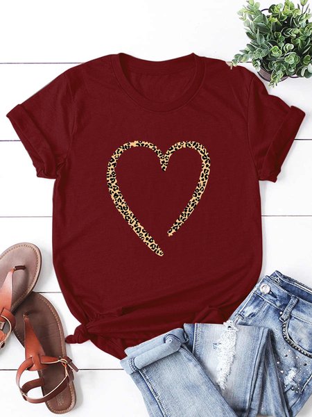 Leopard Heart Print Short Sleeve T-Shirt, T-shirts, Lilicloth.com