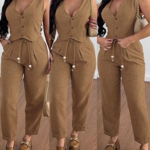 V-Neck Buttoned Vest Top & Pocket Design Tied Detail Pants Set, Two-piece Sets, ChicMe catalog
