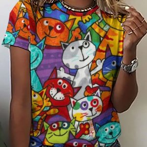 Womens Happy Cat Print Casual T-Shirt, T-shirts, Lilicloth.com
