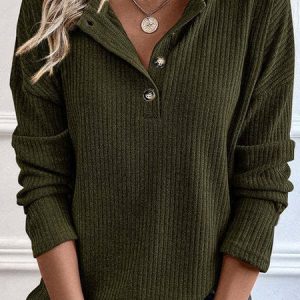 V Neck Long Sleeve Plain Buttoned Regular Micro-Elasticity Loose Blouse For Women, Blouses, color:Army Green|size:XXL, catalog Noracora shop