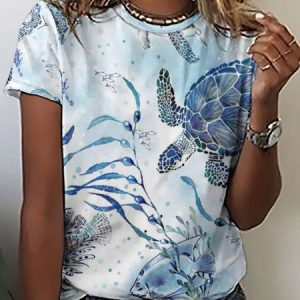 Marine Sea Turtles Vintage Loosen Short Sleeve T-Shirt, T-shirts, Lilicloth.com