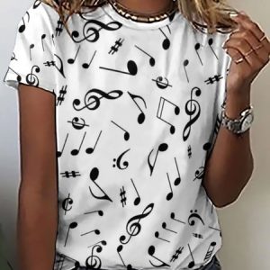 Casual Simple Music Note Print Round Neck Short Sleeve T-shirt, T-shirts, Lilicloth.com