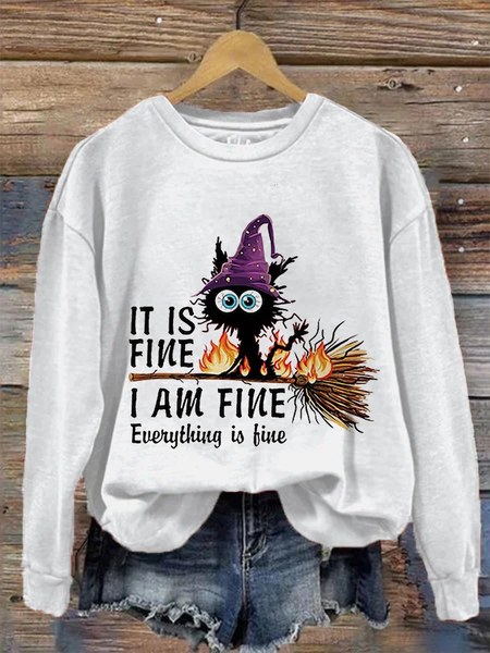 It's Fine I'm Fine Black Cat Print Crew Neck Sweatshirt, Hoodies&Sweatshirts, Lilicloth.com
