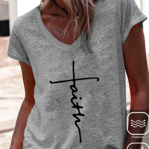Faith Cross Text Letters Cotton-Blend Casual V Neck T-Shirt, T-shirts, Lilicloth.com