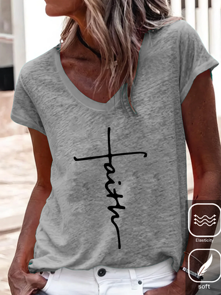 Faith Cross Text Letters Cotton-Blend Casual V Neck T-Shirt, T-shirts, Lilicloth.com