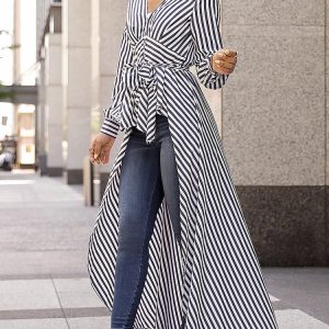 V-Neck Striped Tie Waist Dip Hem Irregular Blouse, Blouses & Shirts, ChicMe catalog