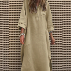 Women's Long Sleeve Spring/Fall Plain Buckle Dress Shirt Collar Daily Going Out Casual Midi H-Line Shirt Dress, JustFashionNow Dresses, color:Khaki|size:3XL,