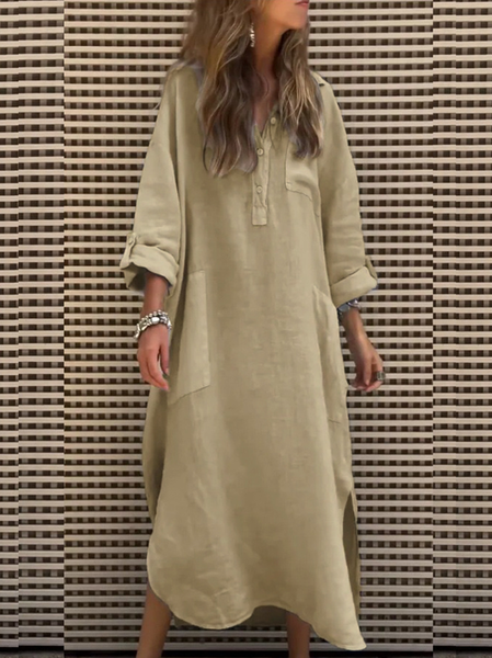 Women's Long Sleeve Spring/Fall Plain Buckle Dress Shirt Collar Daily Going Out Casual Midi H-Line Shirt Dress, JustFashionNow Dresses, color:Khaki|size:3XL,