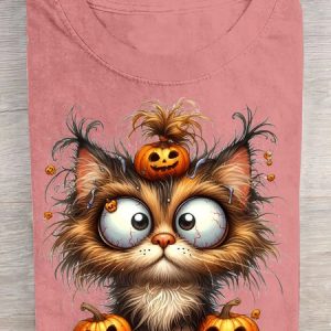 Halloween Cat Clipart with Pumpkin Hat and Big Eyes Cotton T-Shirt, T-shirts, Lilicloth.com