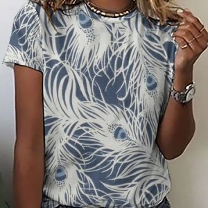 Casual Simple Feather Print Crew Neck T-Shirt, T-shirts, Lilicloth.com