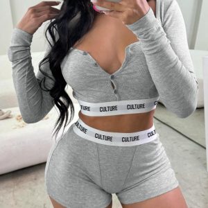 2PCS Letter Tape Patch Long Sleeve Buttoned Top & Shorts Set, Two-piece Sets, ChicMe catalog