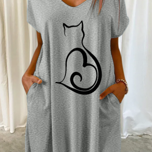 Women's Lover V Neck Casual Cat Dress, Dresses, Lilicloth.com